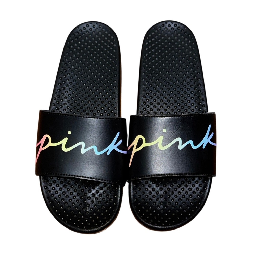 Victoria Secret PINK Slides Black Rainbow Ombre Logo Sandals Women X-Large 11/12